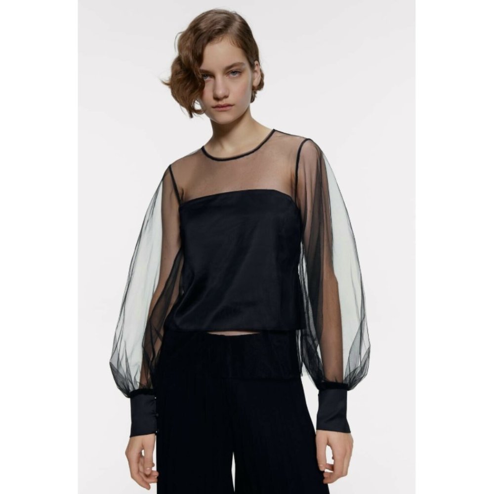 Zara Combined Tulle Blouse Semi-Sheer Long Sleeve - Picture 4 of 8